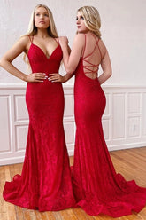 Elegant Mermaid V-neck Spaghetti Straps Red Lace Prom Dresses,Cross Back Evening Dresses